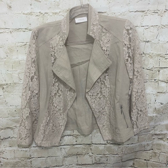 Chicos Beige Open Front Floral Lace Sleeves Detail Blazer Jacket - Picture 1 of 5